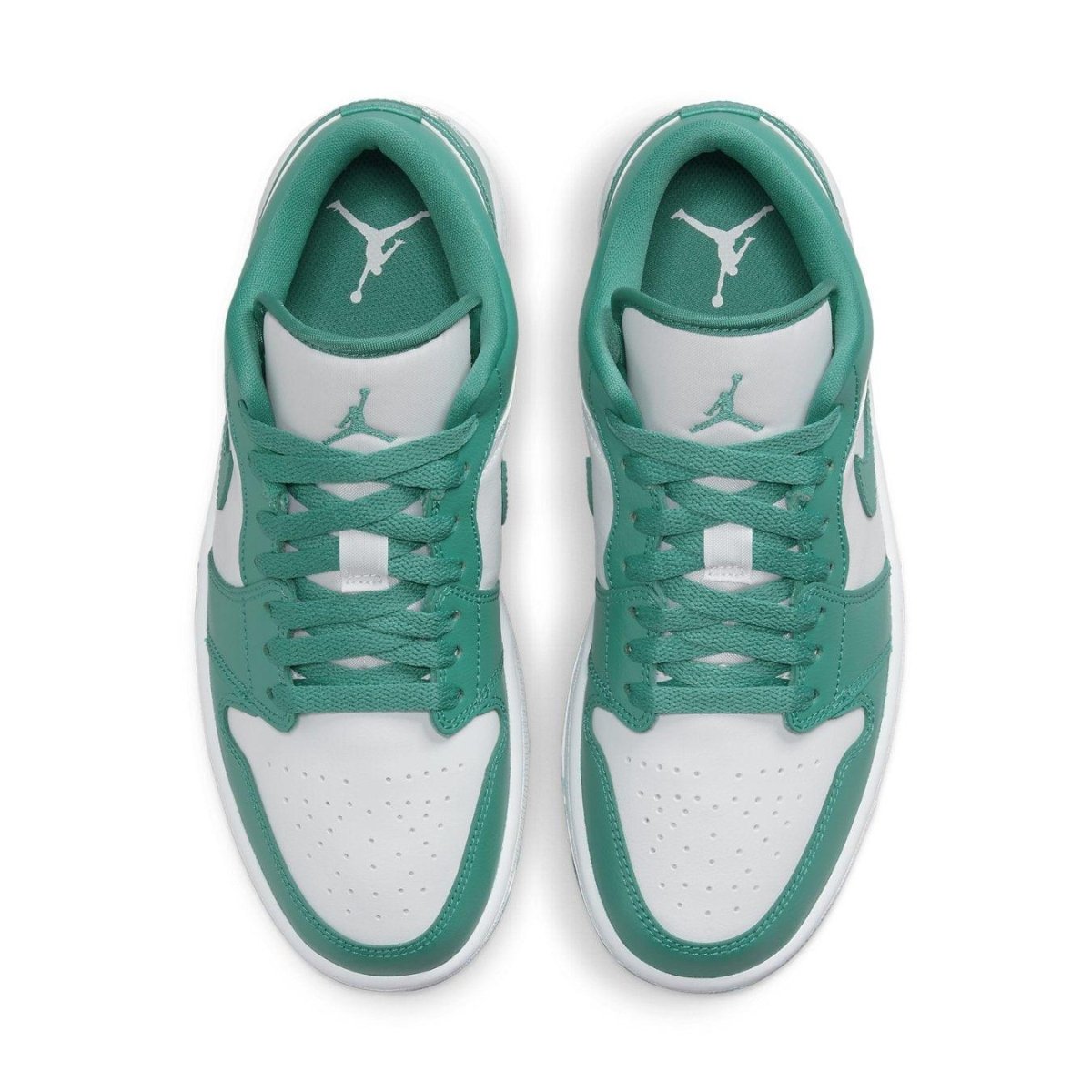 Air Jordan 1 Low Wmns New Emerald top view, featuring white leather and emerald suede accents.