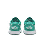 Back view of the Air Jordan 1 Low Wmns "New Emerald" sneakers featuring teal and white design.