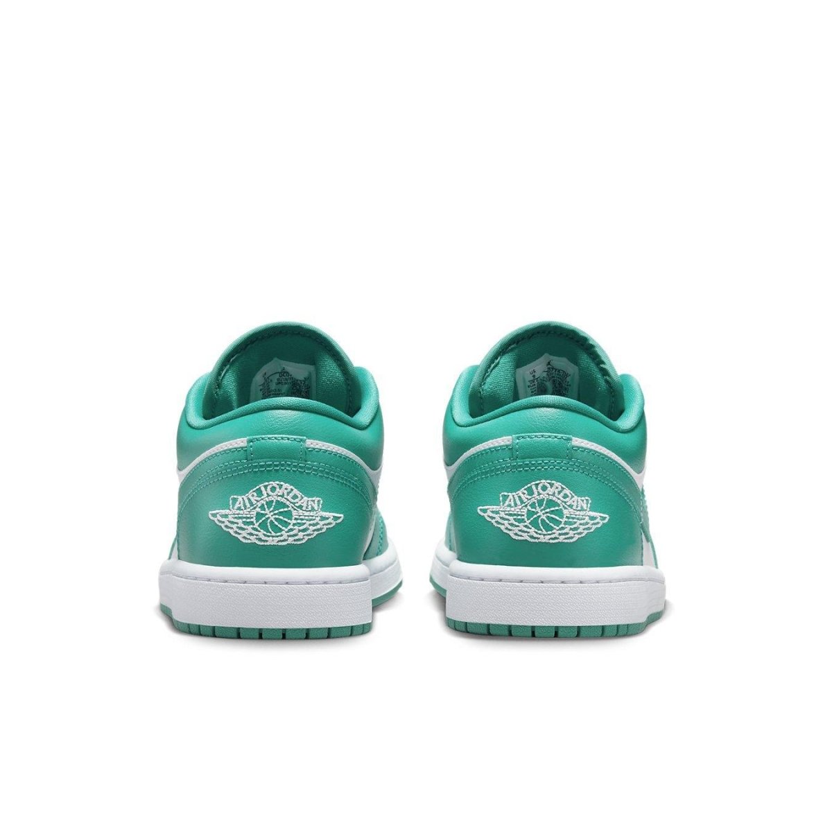 Back view of the Air Jordan 1 Low Wmns "New Emerald" sneakers featuring teal and white design.