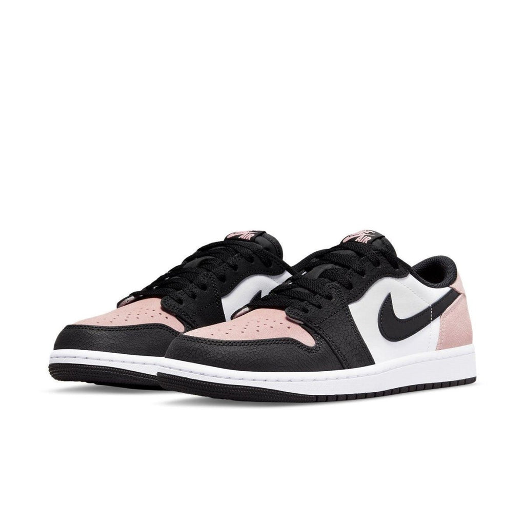 Jordan 1 Low OG Bleached Coral sneakers featuring black, bleached coral, and white colorway.
