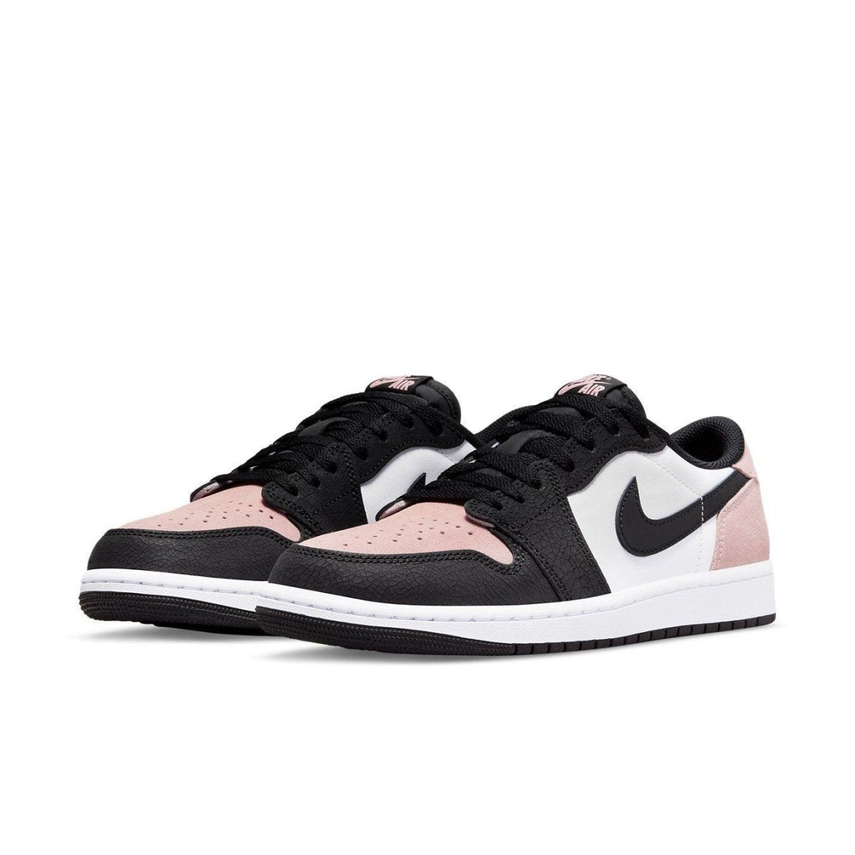Jordan 1 Low OG Bleached Coral sneakers featuring black, bleached coral, and white colorway.