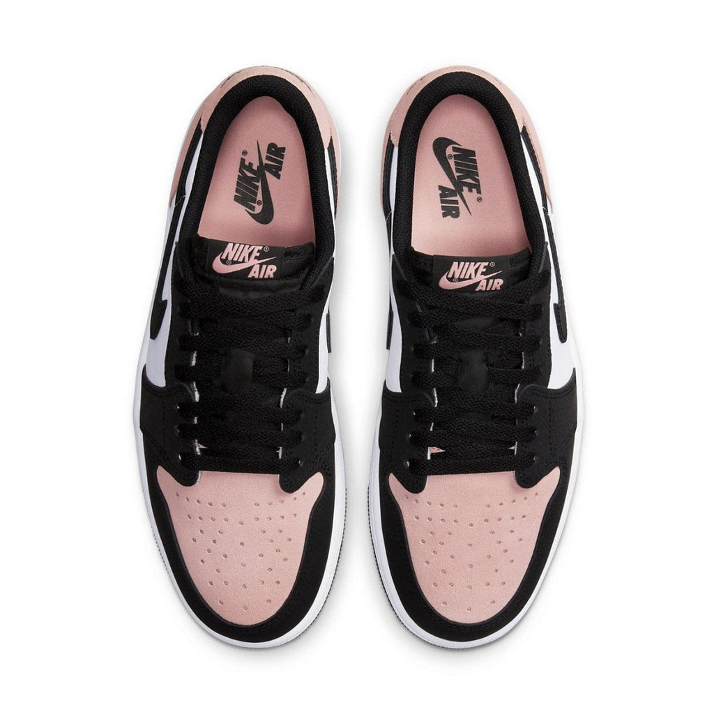 Top view of Jordan 1 Low OG Bleached Coral featuring black, bleached coral, and white colorway with leather and suede materials.