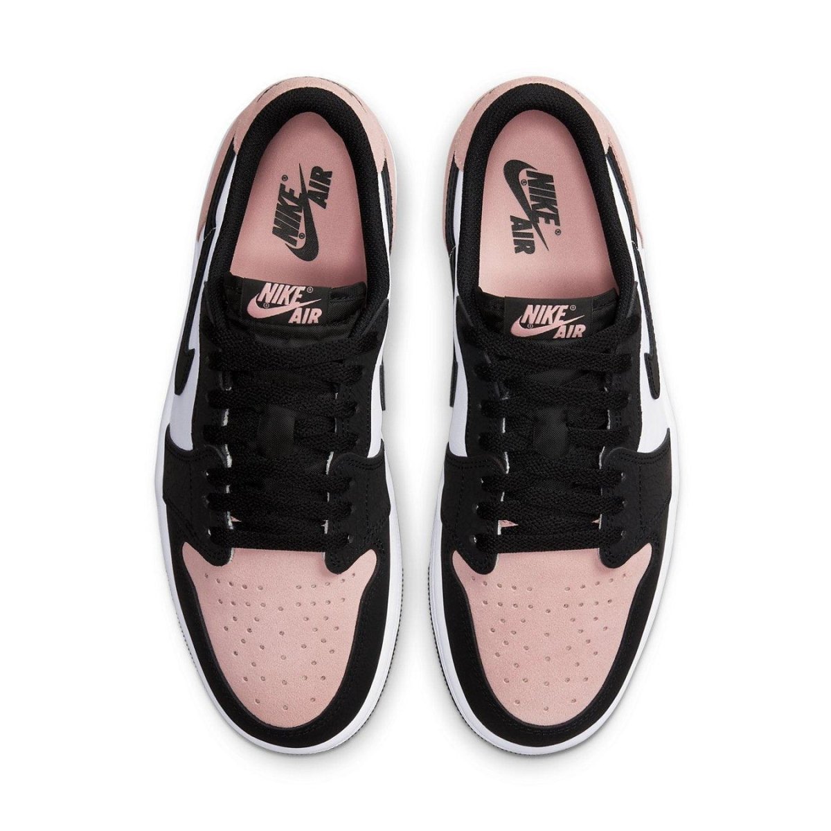 Top view of Jordan 1 Low OG Bleached Coral featuring black, bleached coral, and white colorway with leather and suede materials.