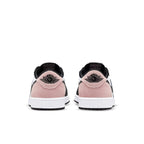 Rear view of Jordan 1 Low OG Bleached Coral showcasing black and bleached coral suede details and logo.