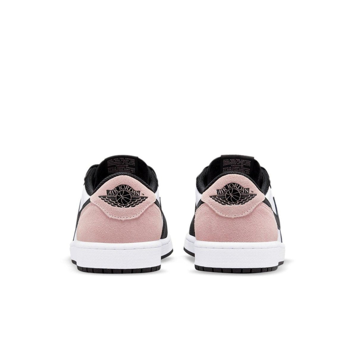 Rear view of Jordan 1 Low OG Bleached Coral showcasing black and bleached coral suede details and logo.