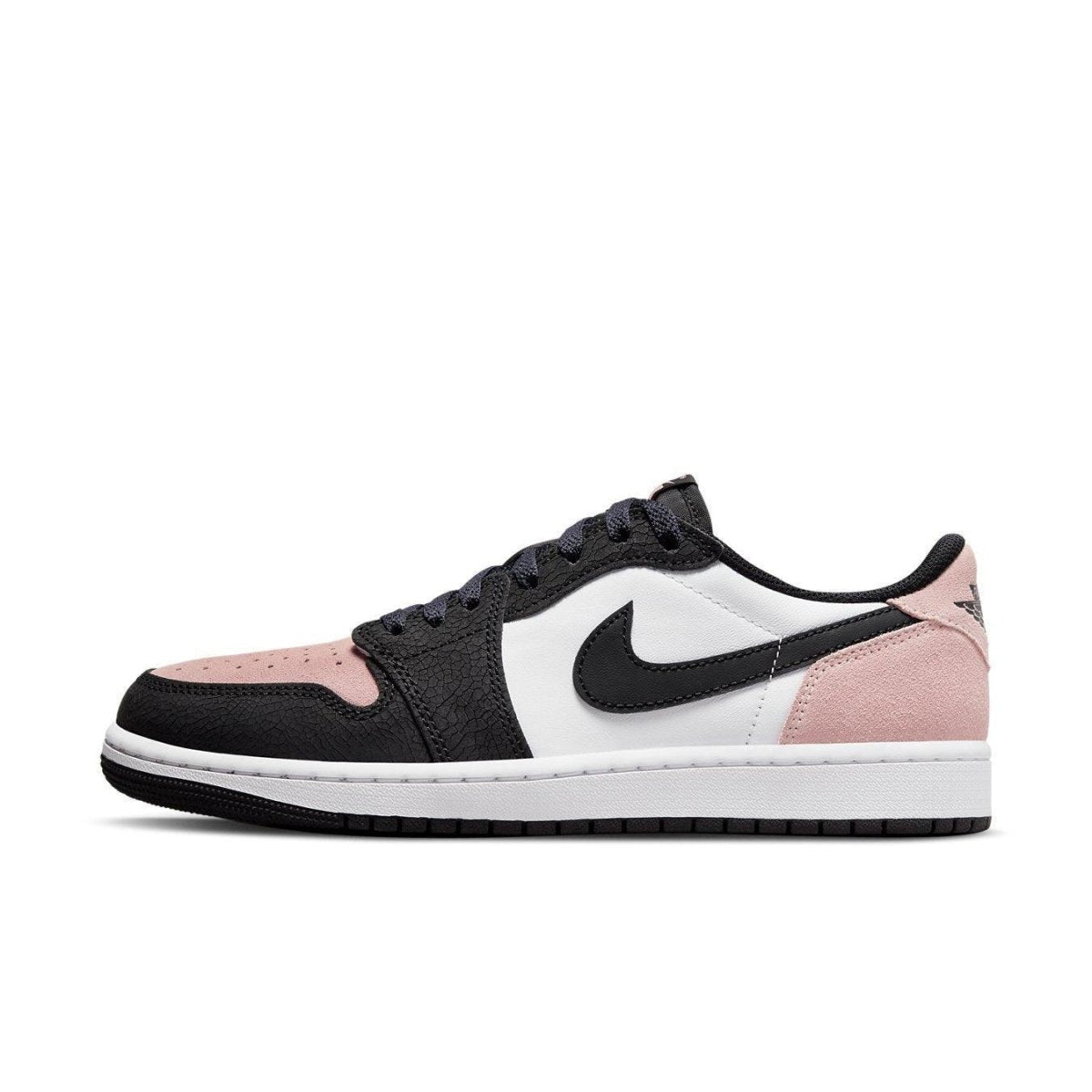 Jordan 1 Low OG Bleached Coral sneakers in black, bleached coral, and white with suede and leather design.