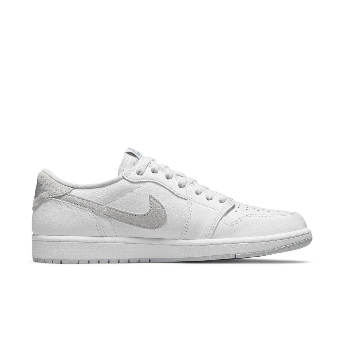 Jordan 1 Low OG Neutral Grey (2021) sneaker in white with neutral grey accents, showcasing classic design and modern details.