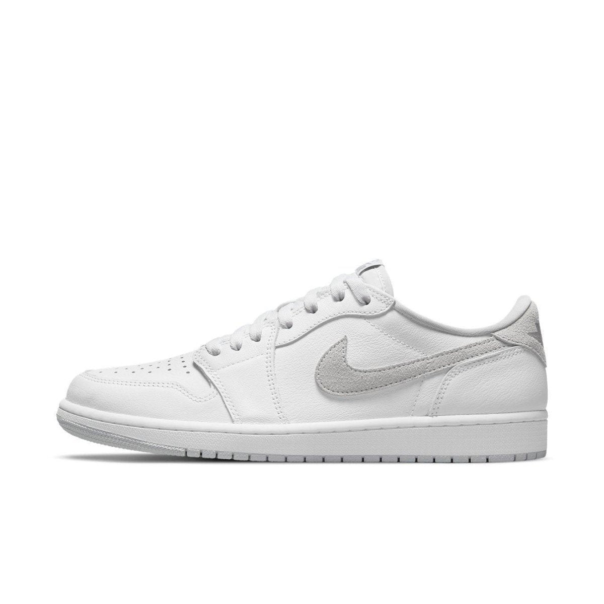 Jordan 1 Low OG Neutral Grey 2021, featuring white leather upper with grey accents and classic silhouette.