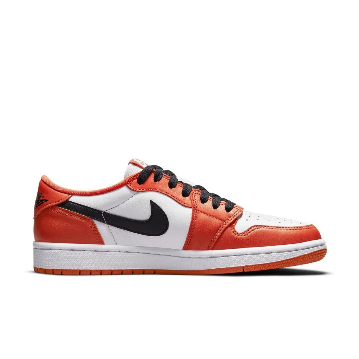 Air Jordan 1 Low OG Starfish (W) with white leather and orange accents, featuring a black Swoosh and laces.