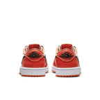 Back view of Air Jordan 1 Low OG Starfish sneakers featuring orange and black design with Jordan Wings logo.