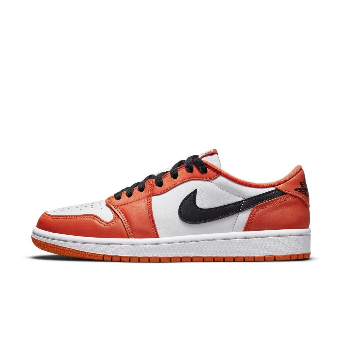 Air Jordan 1 Low OG Starfish sneakers featuring white leather, orange overlays, and black accents.