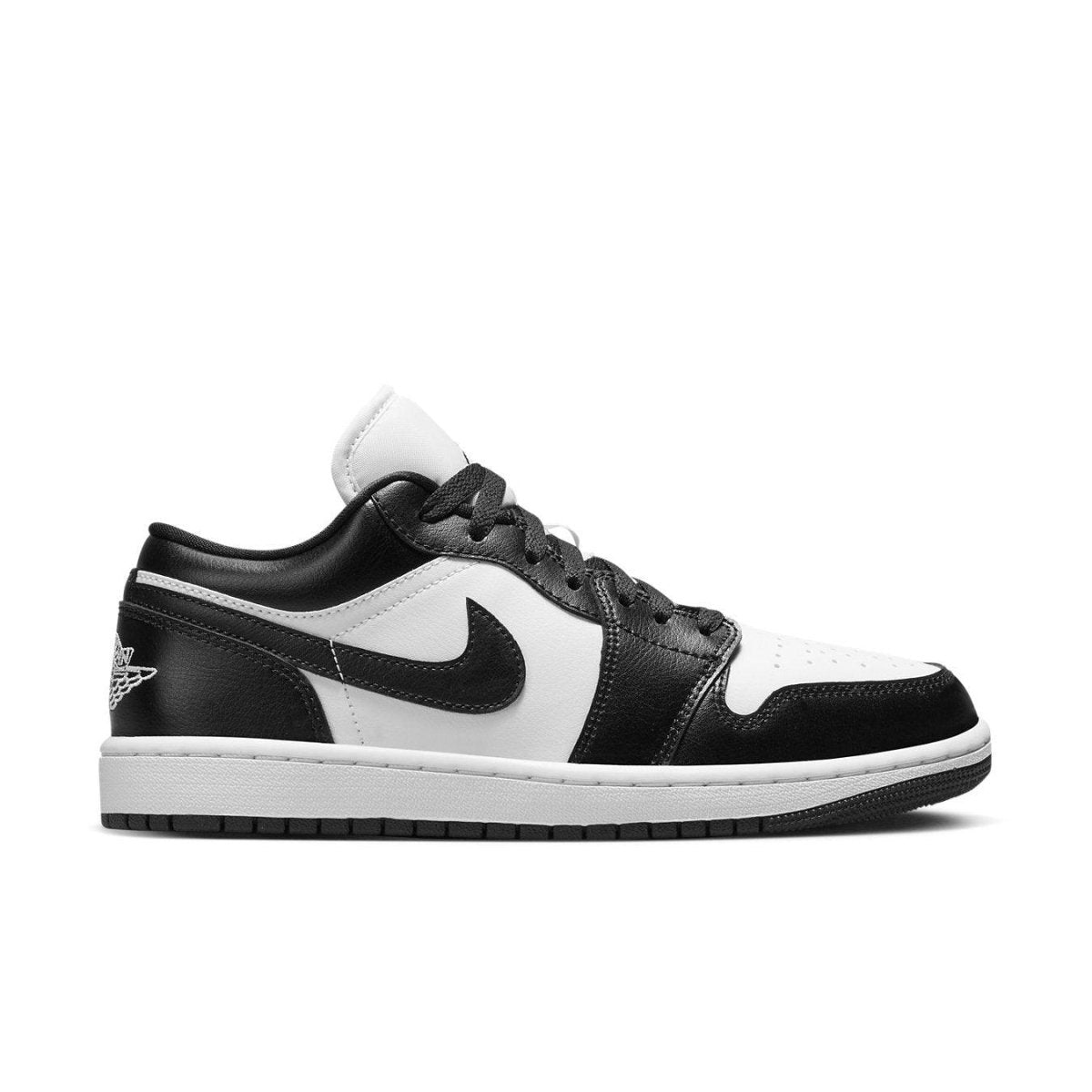Air Jordan 1 Low Panda 2023 for women in black and white leather, featuring iconic Swoosh and Jumpman logo.