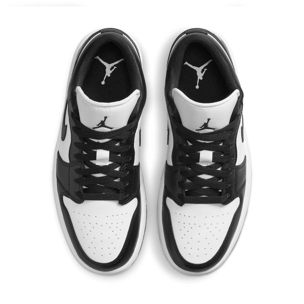 Air Jordan 1 Low Panda women's sneaker in black and white with Jumpman logo, sleek leather design.
