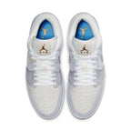 Air Jordan 1 Low Paris sneakers in blue, white, and grey from the top view showcasing their sleek design.