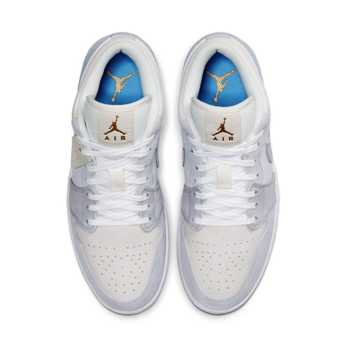 Air Jordan 1 Low Paris sneakers in blue, white, and grey from the top view showcasing their sleek design.