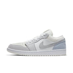 Nike Air Jordan 1 Low Paris sneaker in white and gray with light blue accents, showcasing a sleek and smooth design.
