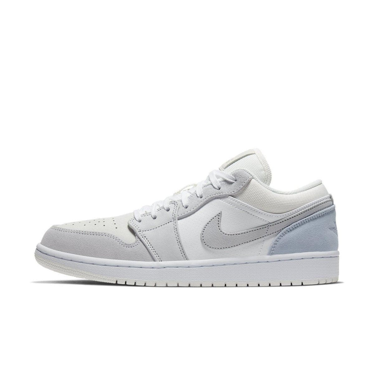 Nike Air Jordan 1 Low Paris sneaker in white and gray with light blue accents, showcasing a sleek and smooth design.