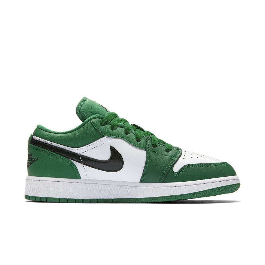 Air Jordan 1 Low GS in Pine Green and white featuring black swoosh and green leather accents.