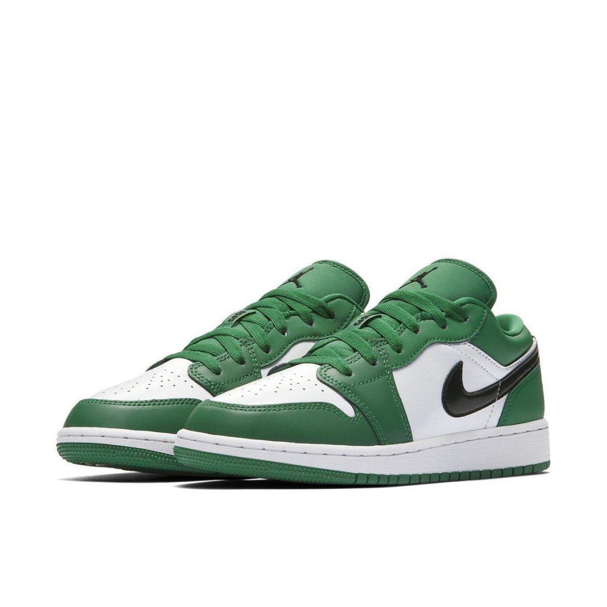 Nike Air Jordan 1 Low GS Pine Green sneakers featuring green and white colorway, stylish design and signature black Swoosh.