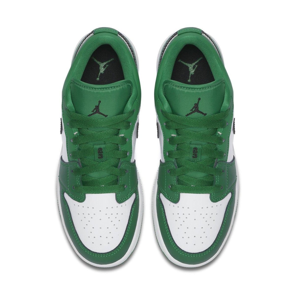 Air Jordan 1 Low GS Pine Green top view featuring green accents and white leather details.
