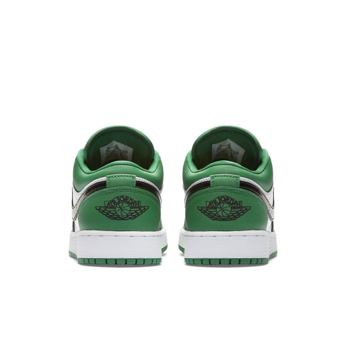 Rear view of Air Jordan 1 Low Pine Green GS featuring green leather accents and iconic logo.