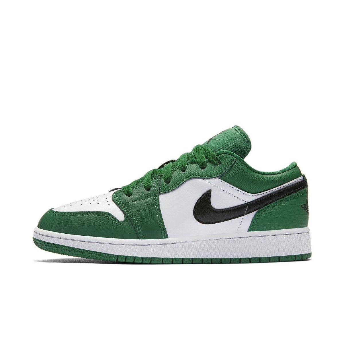 Jordan 1 Low Pine Green GS sneaker with green and white leather design and black swoosh.
