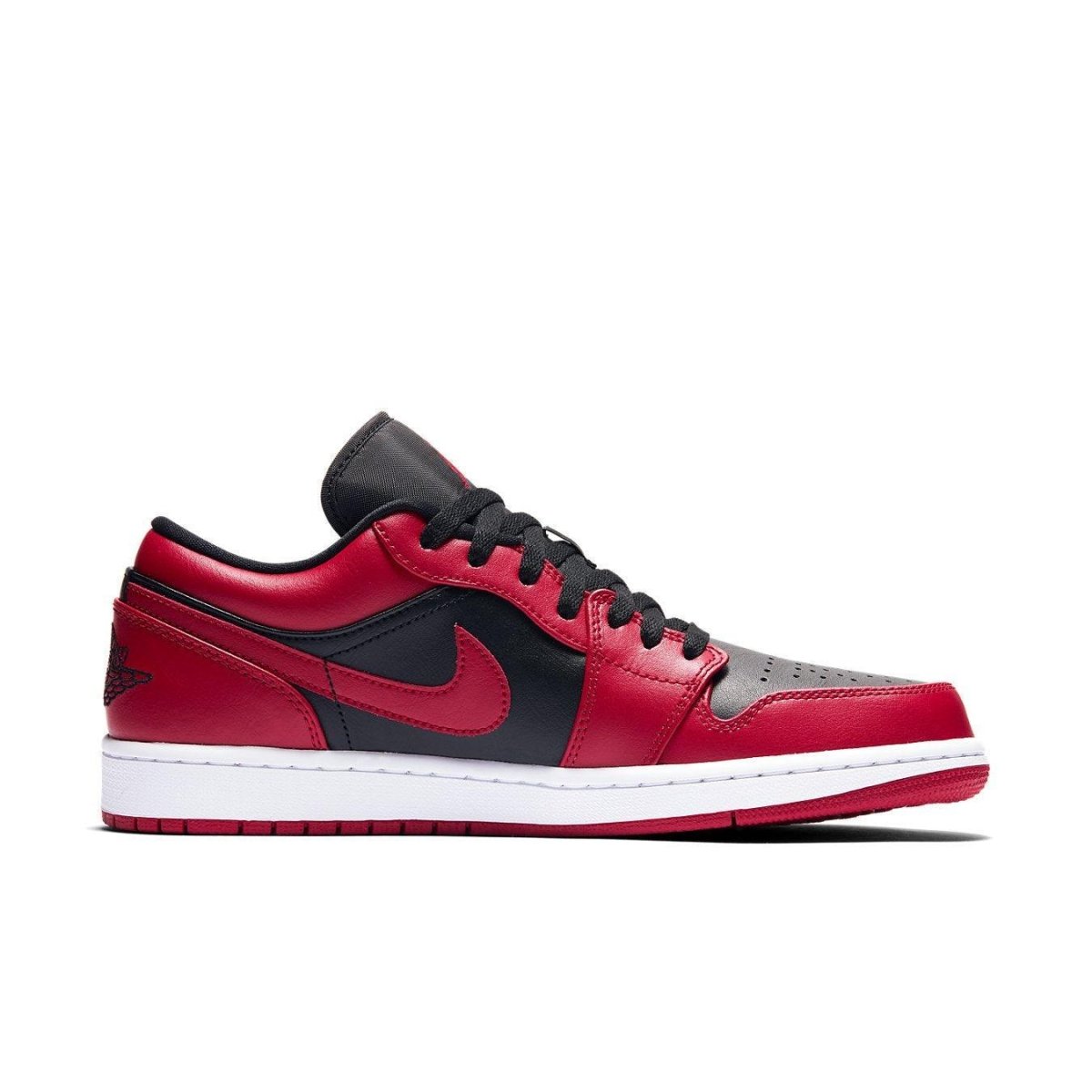 Air Jordan 1 Low Reverse Bred sneaker featuring black and red leather design with Nike Swoosh and perforated toe box.