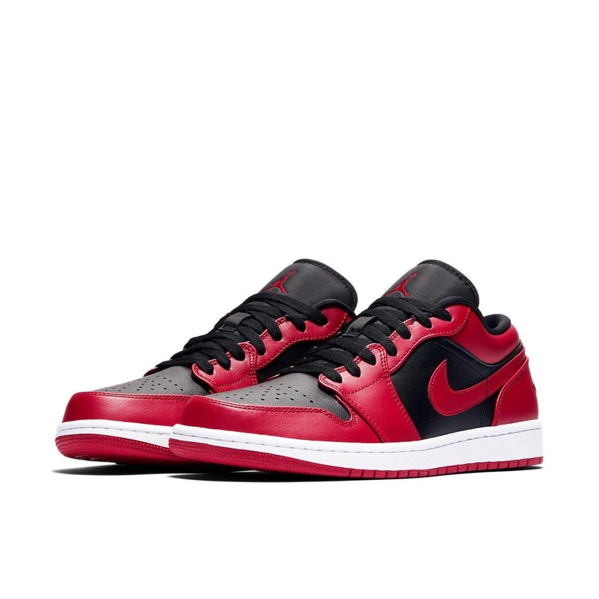 Air Jordan 1 Low Reverse Bred sneakers in black and red leather, featuring striking design and quality craftsmanship.