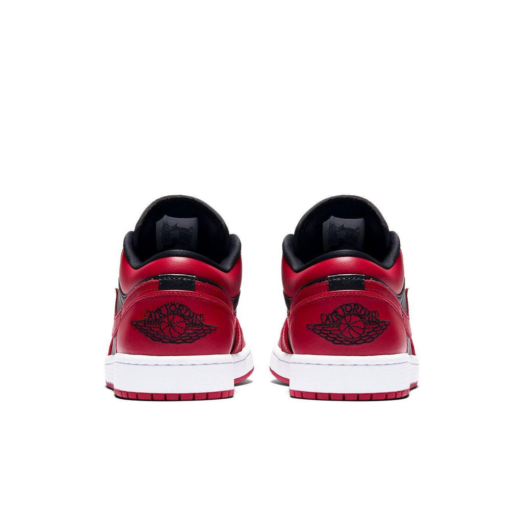 Back view of Air Jordan 1 Low Reverse Bred showcasing the black Nike Air logo on red leather.