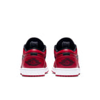 Back view of Air Jordan 1 Low Reverse Bred showcasing the black Nike Air logo on red leather.