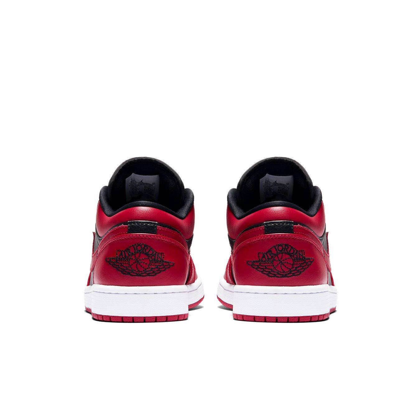 Back view of Air Jordan 1 Low Reverse Bred showcasing the black Nike Air logo on red leather.