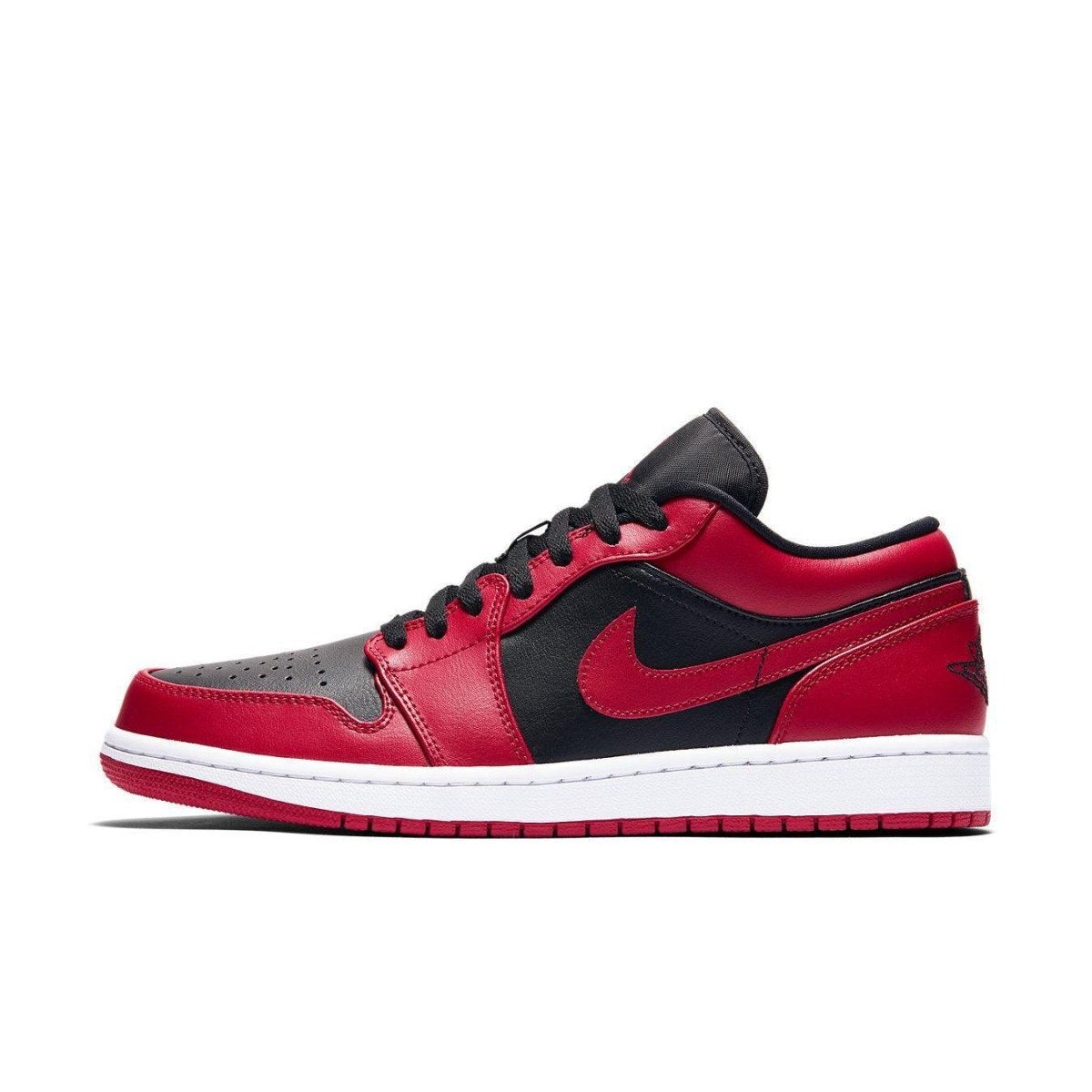 Air Jordan 1 Low Reverse Bred sneaker featuring red and black leather with perforated toe box and Nike Swoosh.