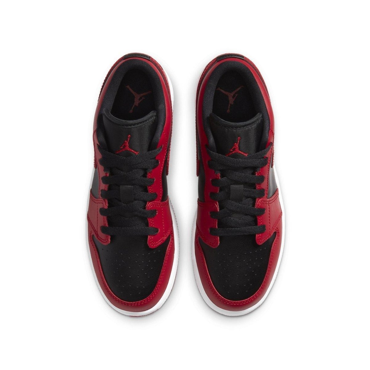Air Jordan 1 Low Reverse Bred GS in red and black, featuring a sleek design and breathable leather. Perfect for winter or summer.