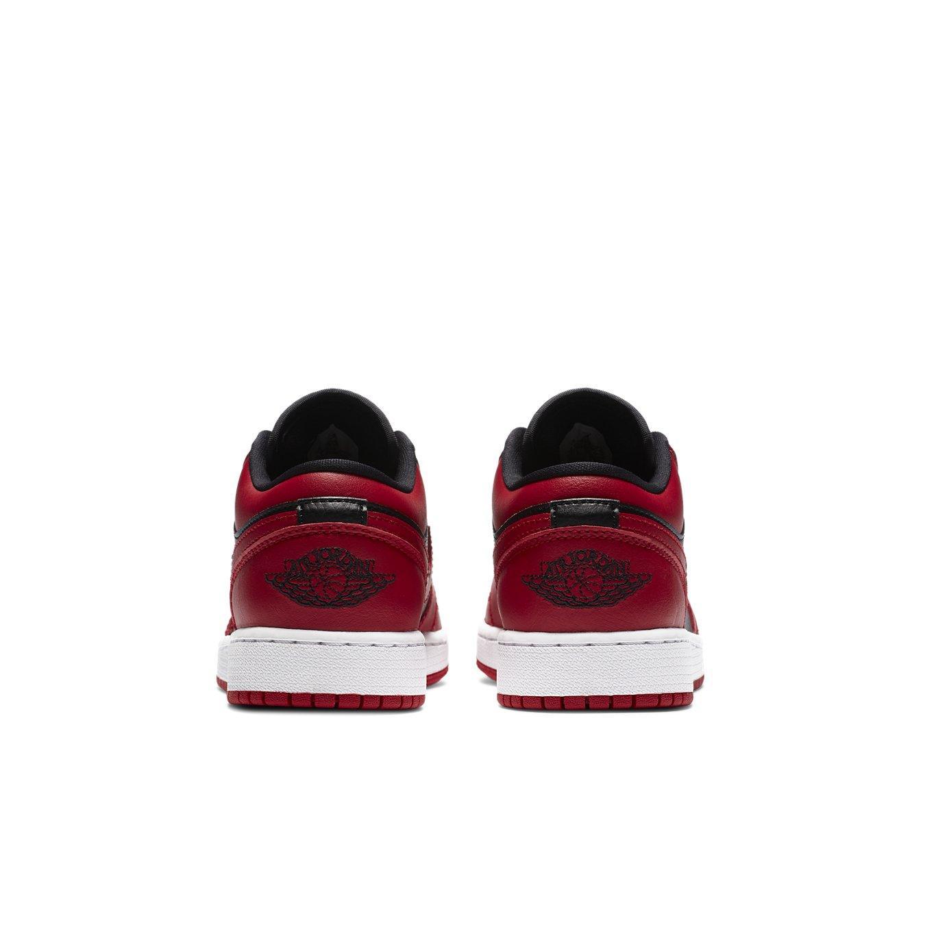 Retro Air Jordan 1 Low Reverse Bred GS sneaker in red and black, featuring iconic logo on the heel.