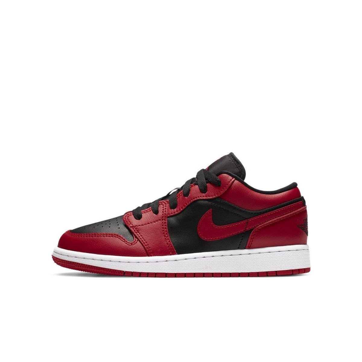Jordan 1 Low Reverse Bred (GS) sneaker in red and black with a white sole and black laces.