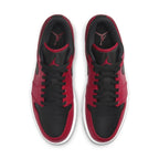 Jordan 1 Low Reverse Bred Pebbled Swoosh in red and black colorway inspired by Chicago Bulls.