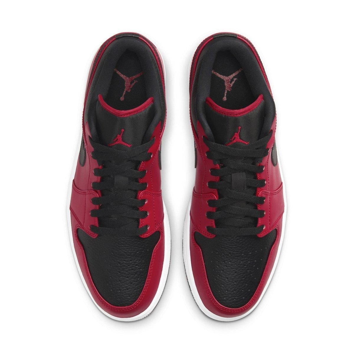 Jordan 1 Low Reverse Bred Pebbled Swoosh in red and black colorway inspired by Chicago Bulls.