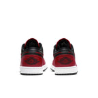 Back view of Jordan 1 Low Reverse Bred sneakers featuring red and black colors, inspired by Chicago Bulls design.