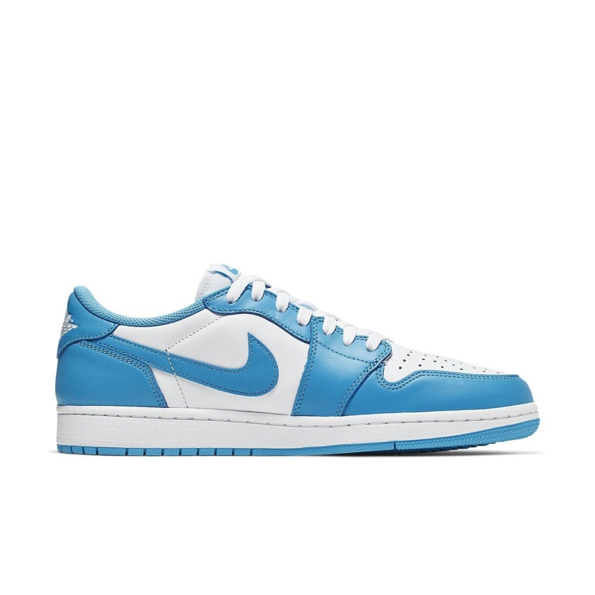 Nike SB Air Jordan 1 Low UNC sneaker in University Blue and white, showcasing a sleek and vintage design.