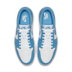 Nike SB Air Jordan 1 Low UNC sneaker in University Blue and white, featuring a vintage design inspired by Eric Koston.