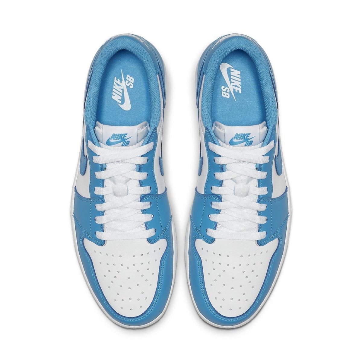 Nike SB Air Jordan 1 Low UNC sneaker in University Blue and white, featuring a vintage design inspired by Eric Koston.