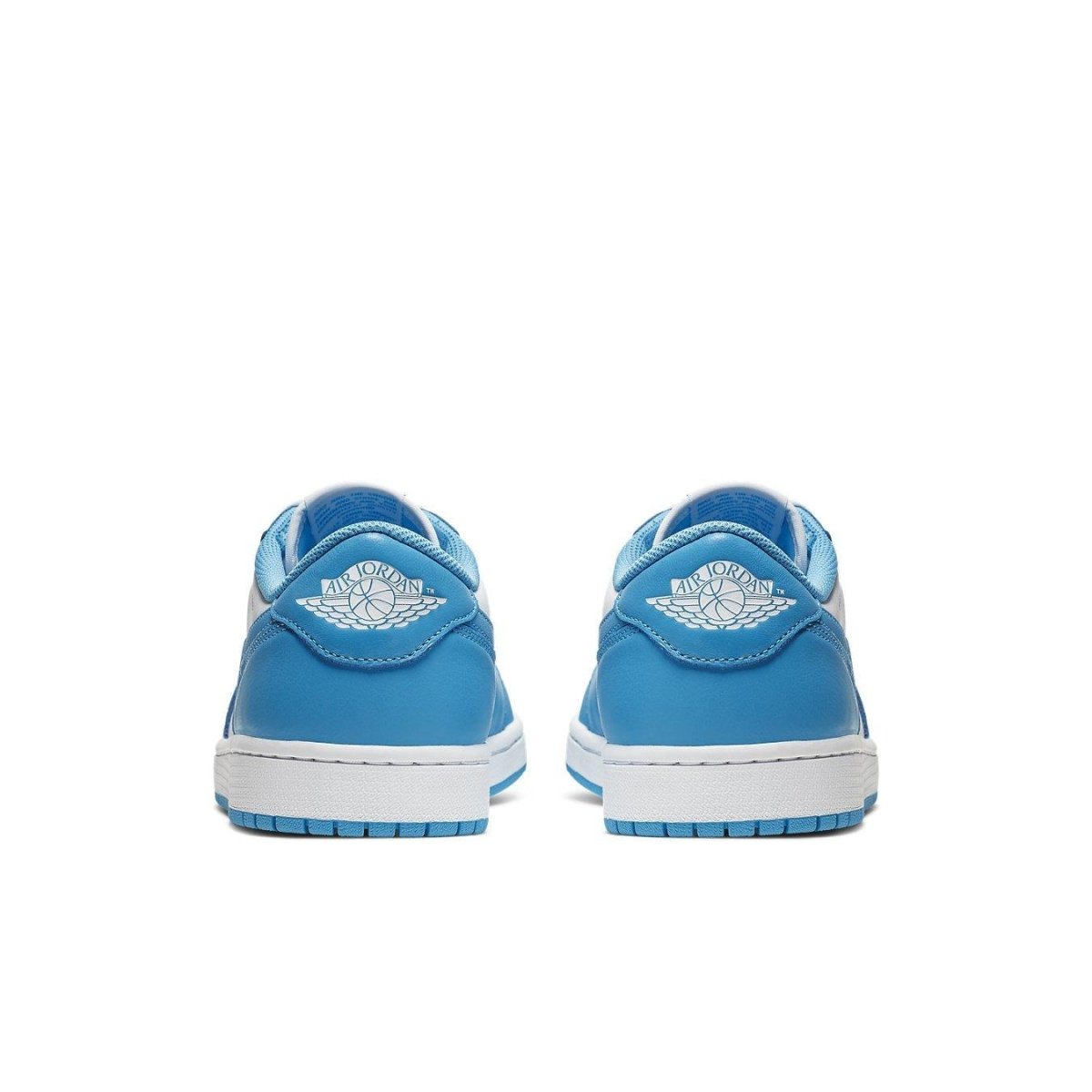 Back view of Nike SB Air Jordan 1 Low UNC sneakers featuring University Blue colorway.