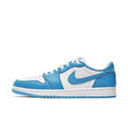 Nike SB Air Jordan 1 Low UNC sneakers in blue and white, inspired by Eric Koston and vintage basketball style.