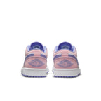 Back view of Jordan 1 Low SE Arctic Punch sneakers in pink and purple with layered Swoosh and smooth leather.