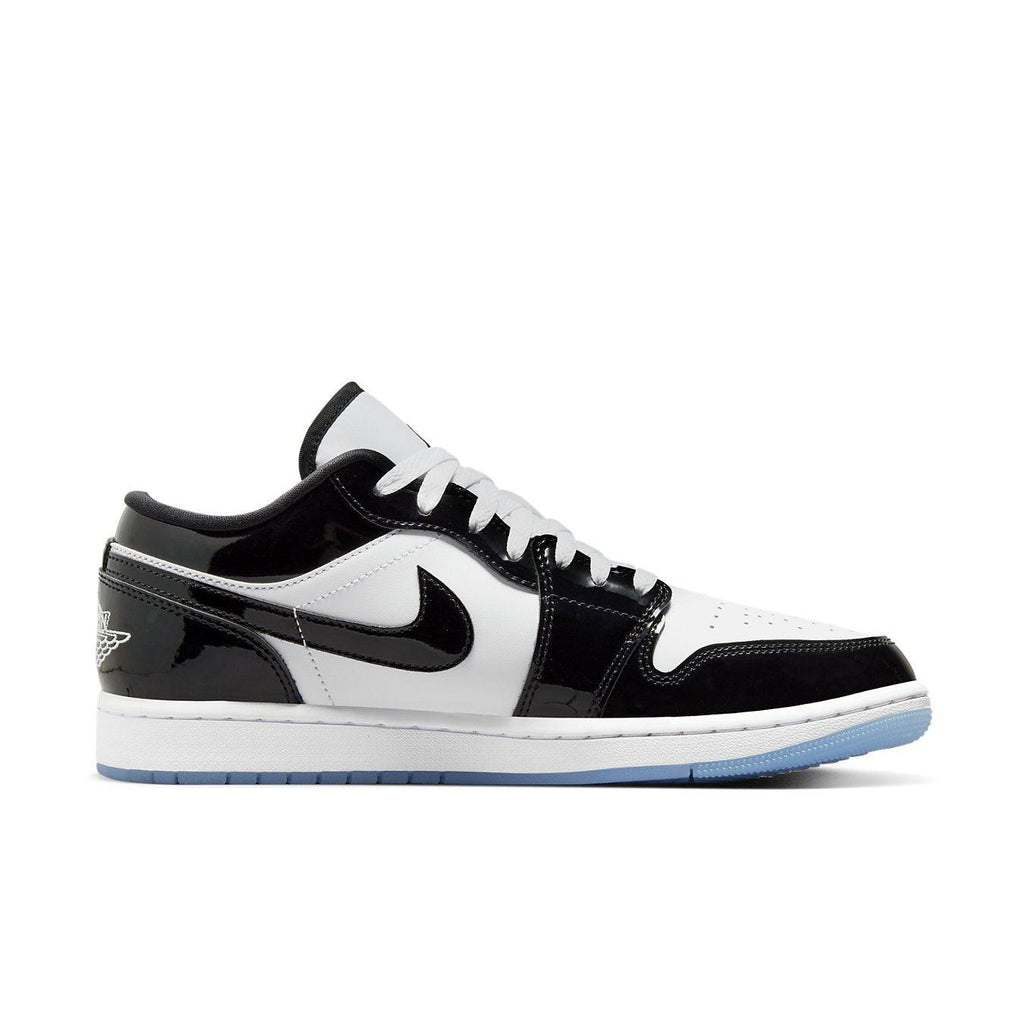 Nike Air Jordan 1 Low SE Concord in black, white, and icy blue with patent leather and mesh details.