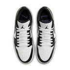 Nike Air Jordan 1 Low SE Concord sneakers featuring a white leather base with black accents and purple detailing.