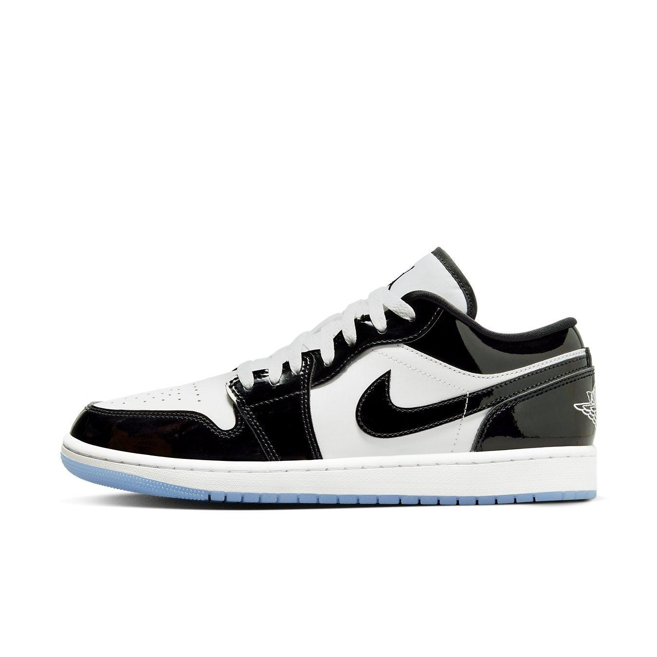 Nike Air Jordan 1 Low SE Concord in black, white, and translucent sole, showcasing sleek patent leather design.