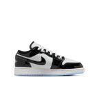 Jordan 1 Low SE Concord GS sneaker featuring black patent overlays and smooth white leather.
