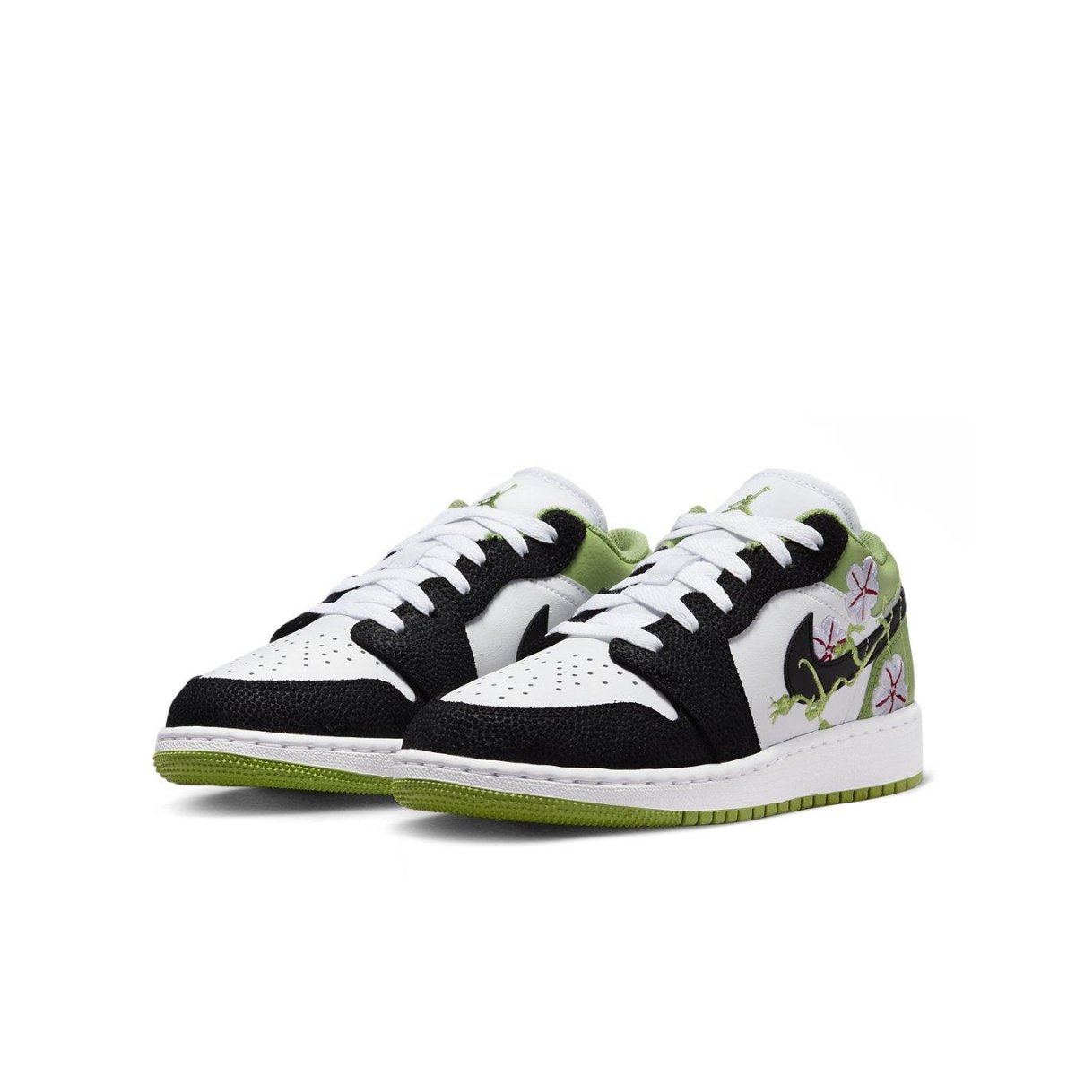 Jordan 1 Low SE Floral Vines (GS) with white, black, and green design featuring floral vines on the Swoosh.