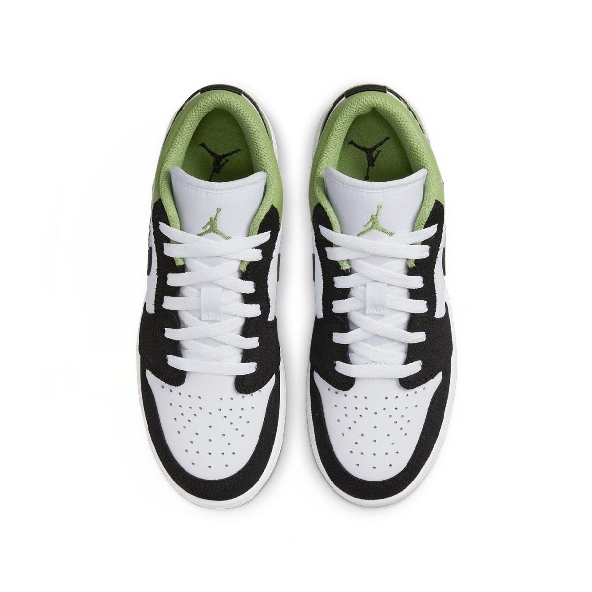 Top view of Air Jordan 1 Low SE Floral Vines in white, black, and green with floral details on the Swoosh.